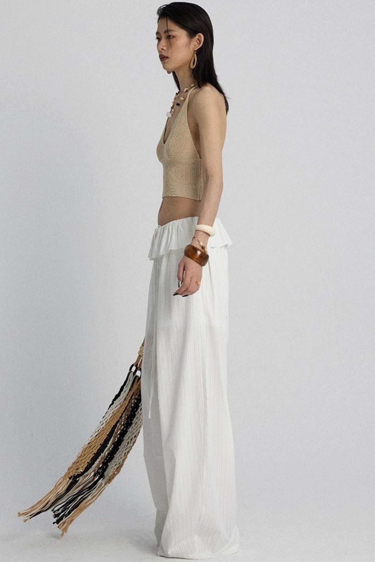 White Lace Drawstring Wide-Leg Pants