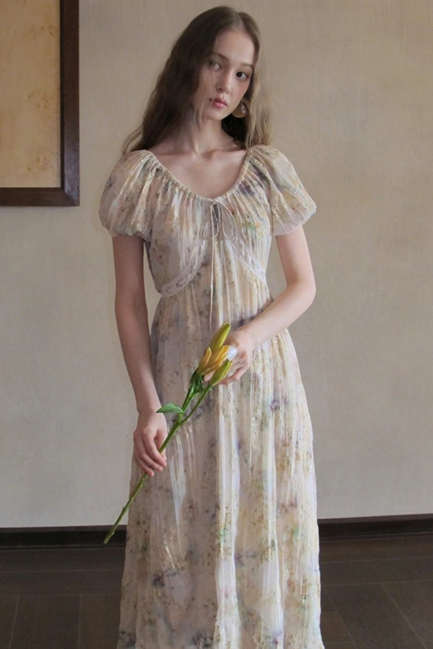 Embroidery Pleated Puff Sleeve Dress