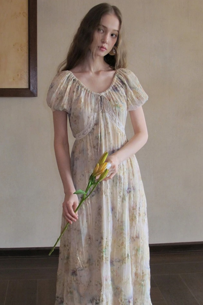Embroidery Pleated Puff Sleeve Dress