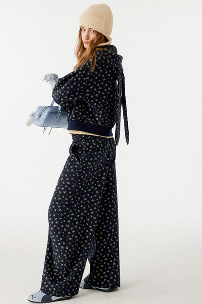 Navy Blue Floral Hooded Jacket Set-Up