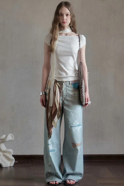 Milk White Asymmetrical Knit Top