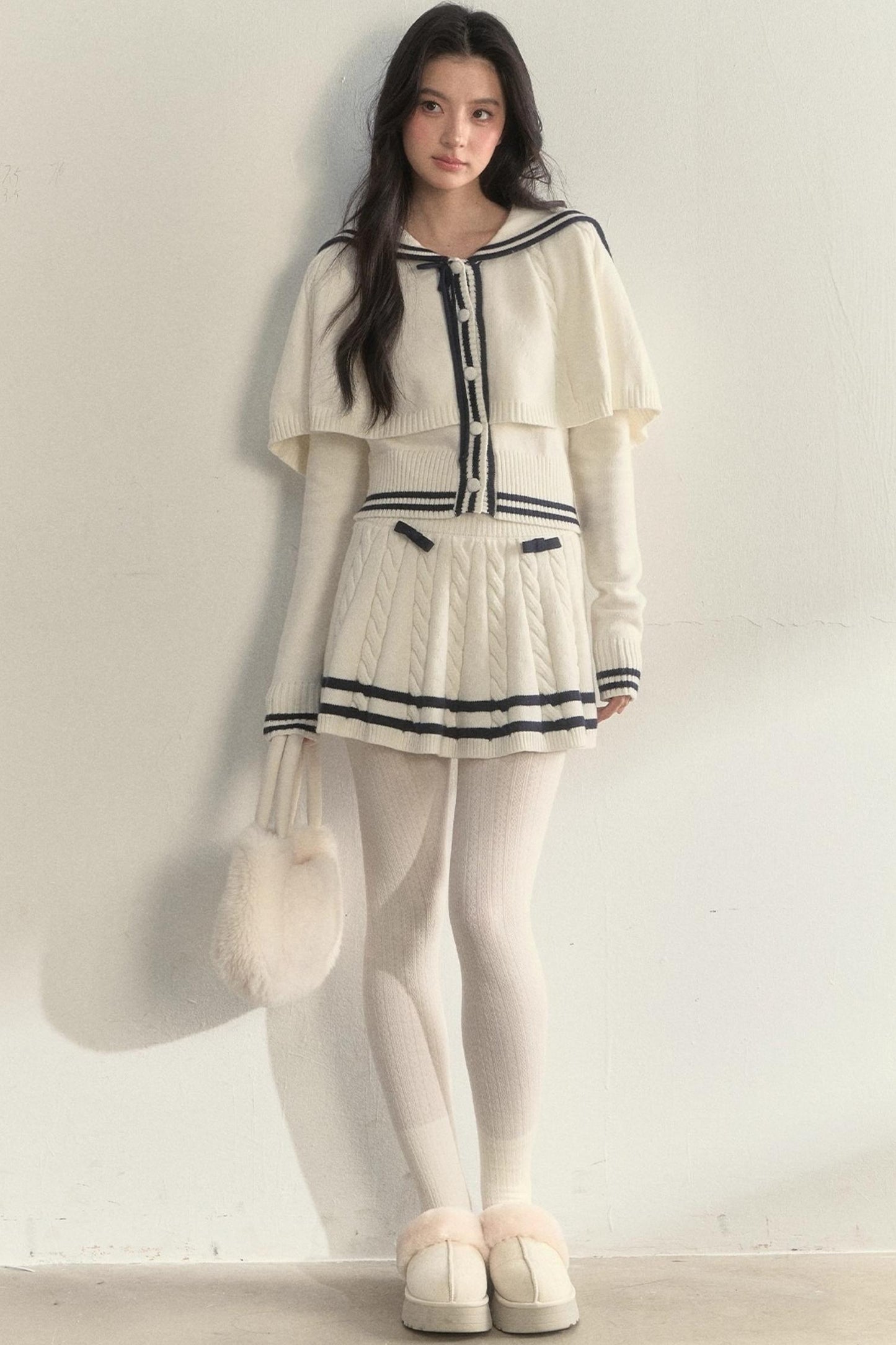 Vintage Navy Twist-Knit Cape Sweater Set-Up