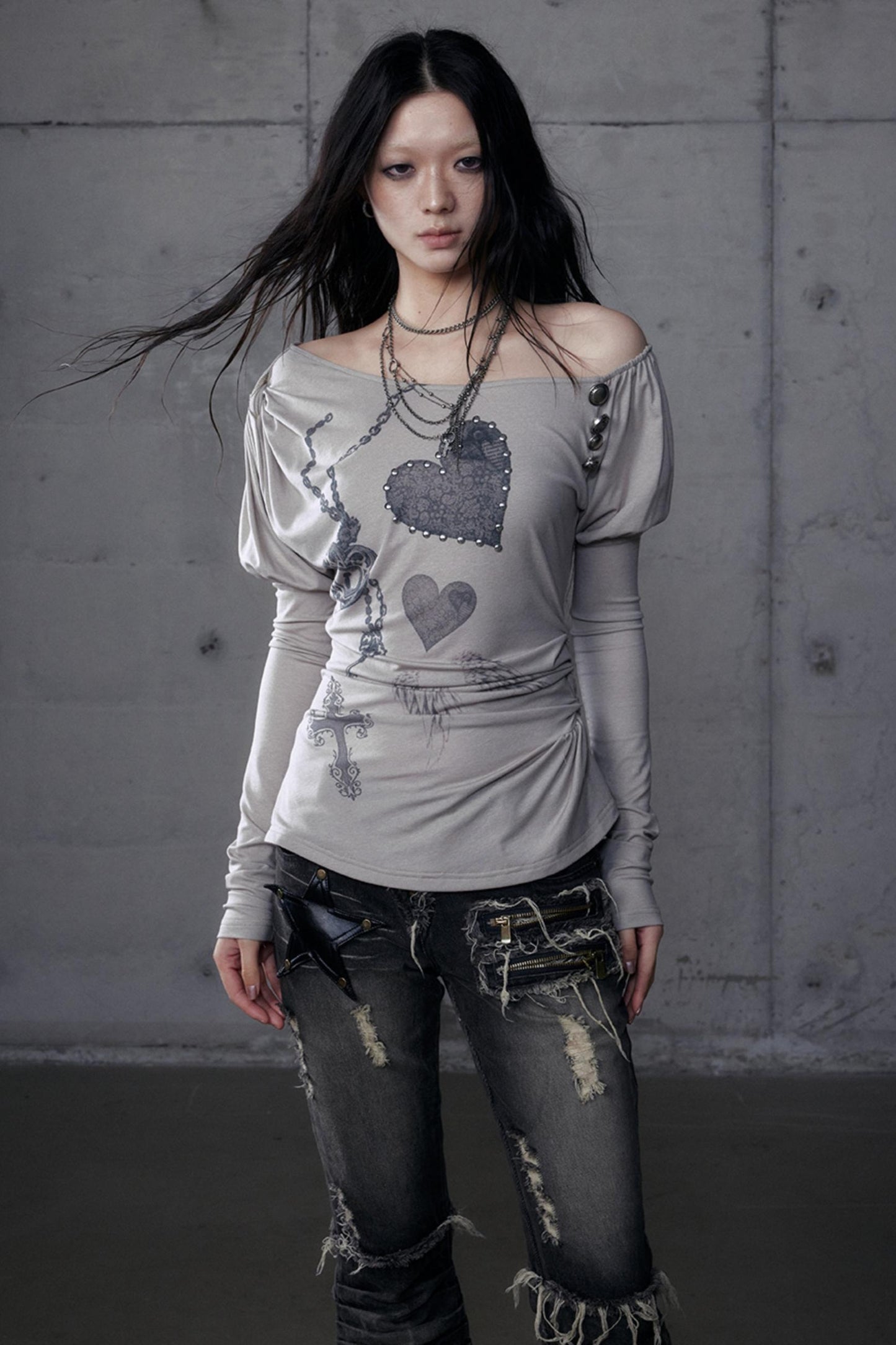 Puff Sleeve Punk Print Shirt