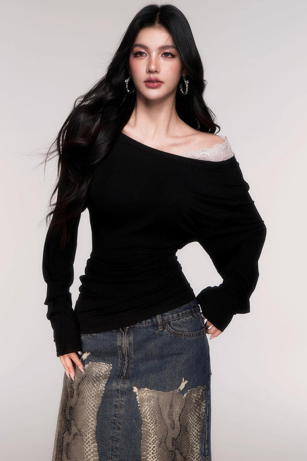 Tencel Panelled Lace Cross-Shoulder Top