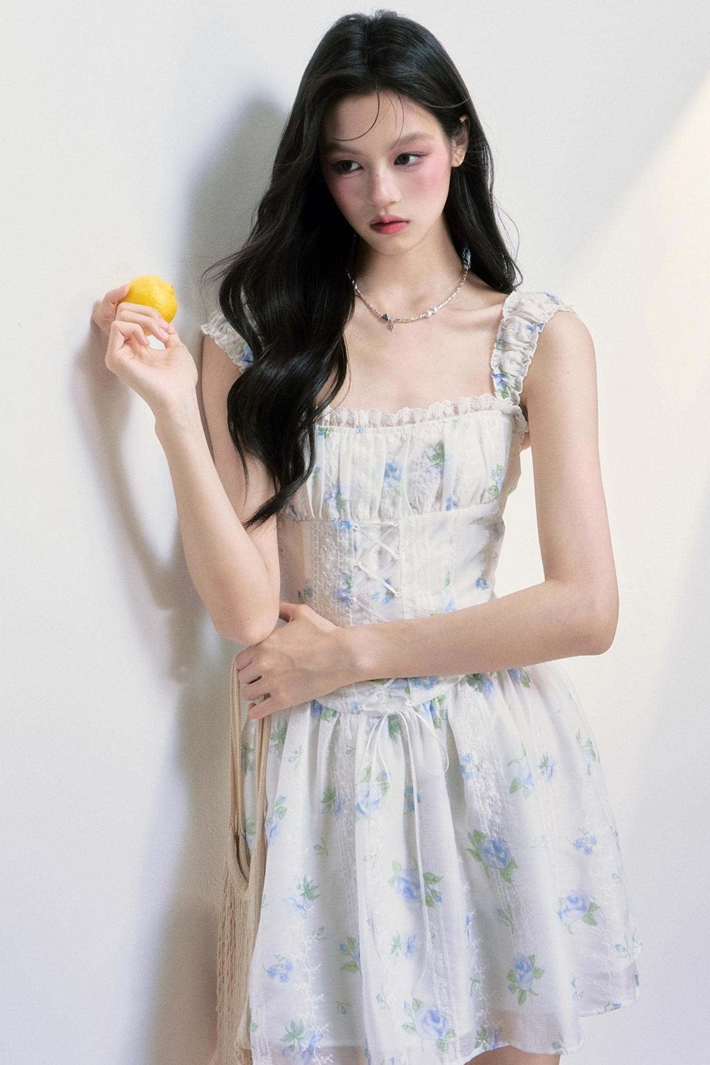 Lemon Summer Floral Suspender Dress