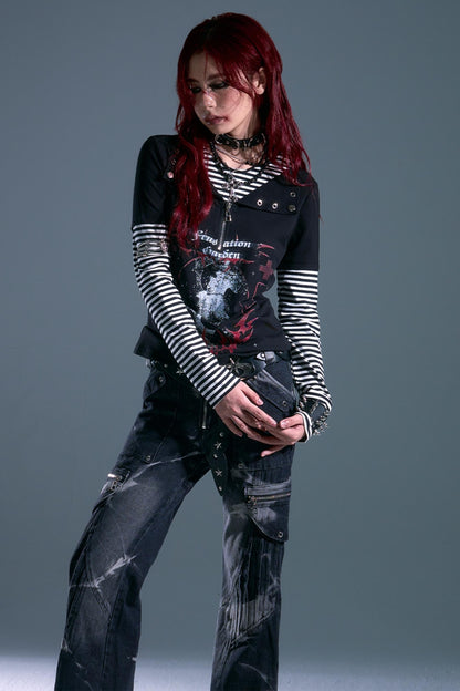 Punk Street Striped Print Long Sleeve Top