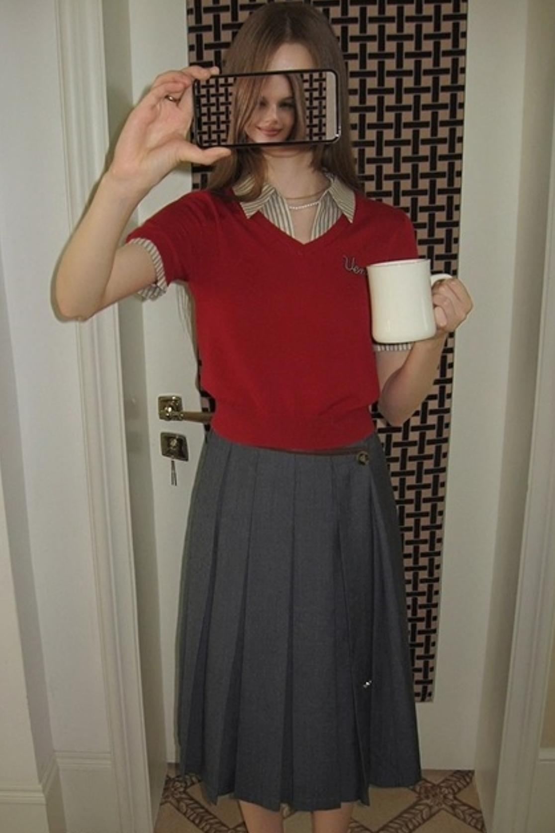 Embroidered Striped Collar Fake Two Piece T-Shirt