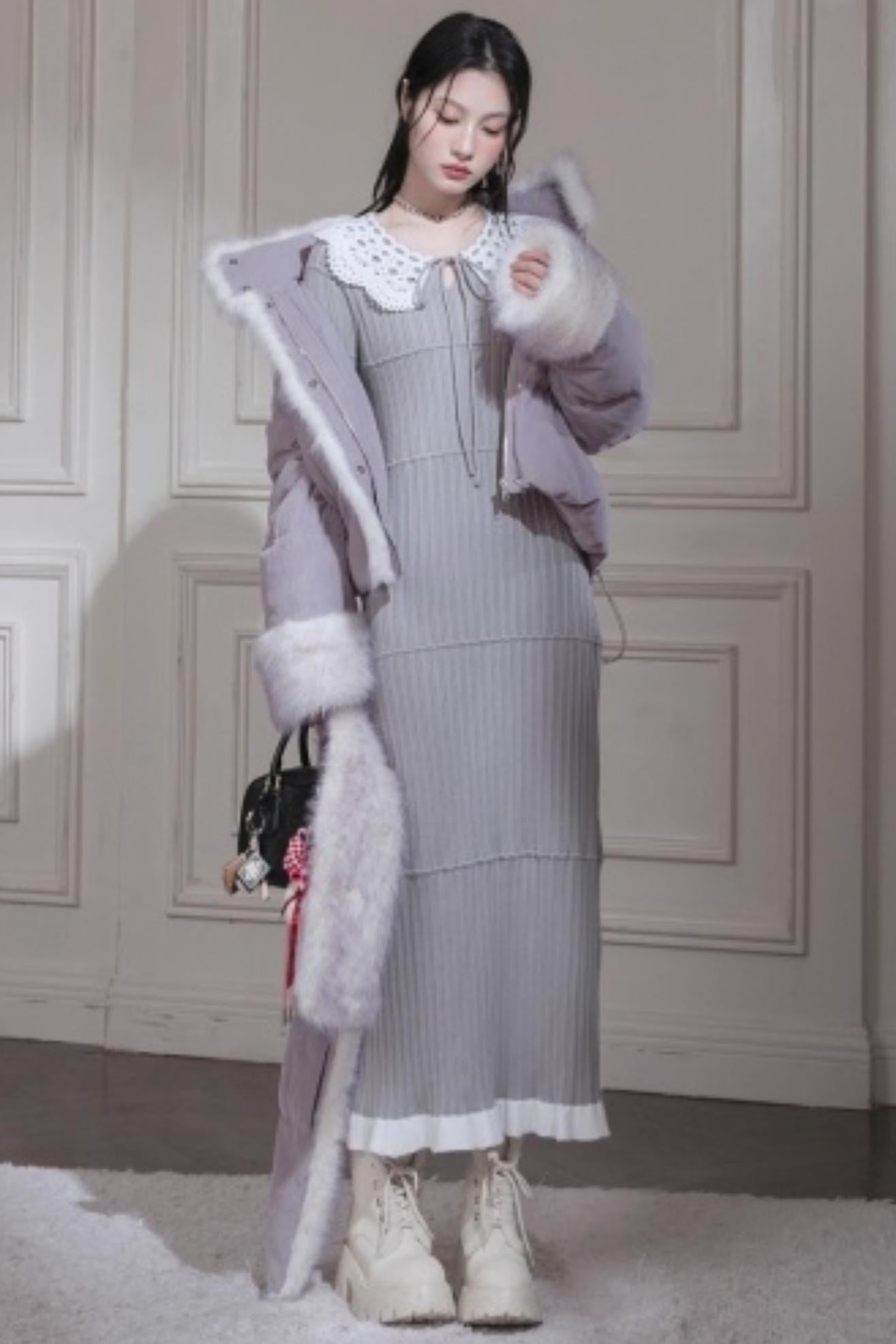 Mist Gray Lace Wool Dress