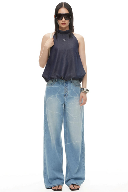 Wide-Leg Diamond Chain Jeans