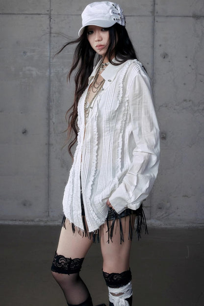 Vintage Lace V-Neck Bubble Sleeve Shirt