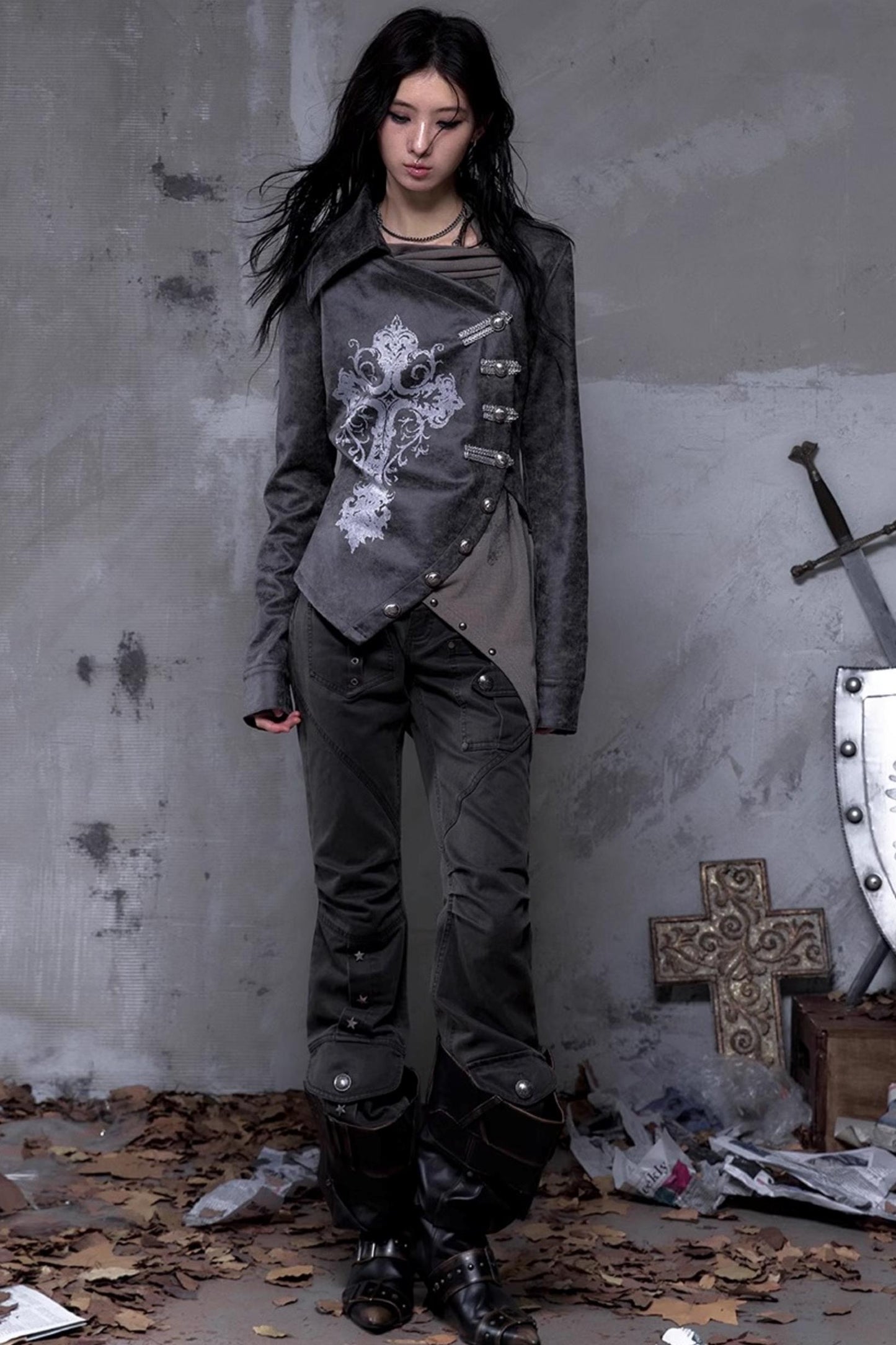 Vintage Slanted Placket Printed Leather Shirt