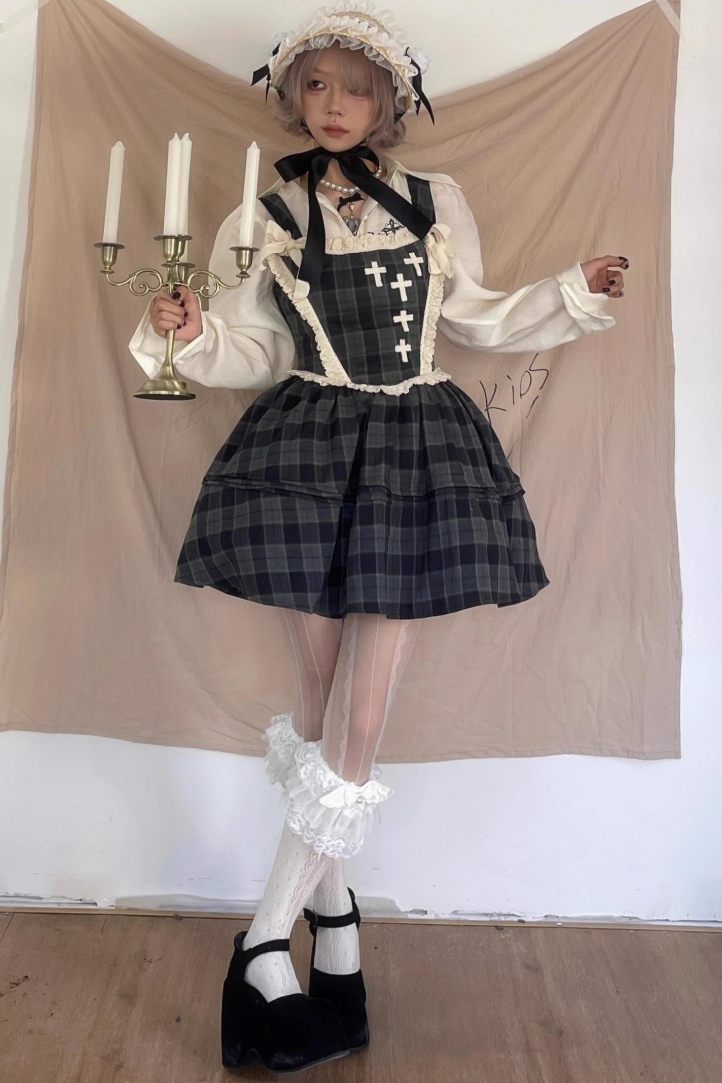 Gray Plaid Waist Cinched Herringbone Lace Bow Tie Dress Set-Up