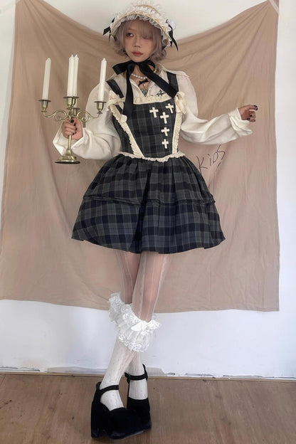 Gray Plaid Waist Cinched Herringbone Lace Bow Tie Dress Set-Up