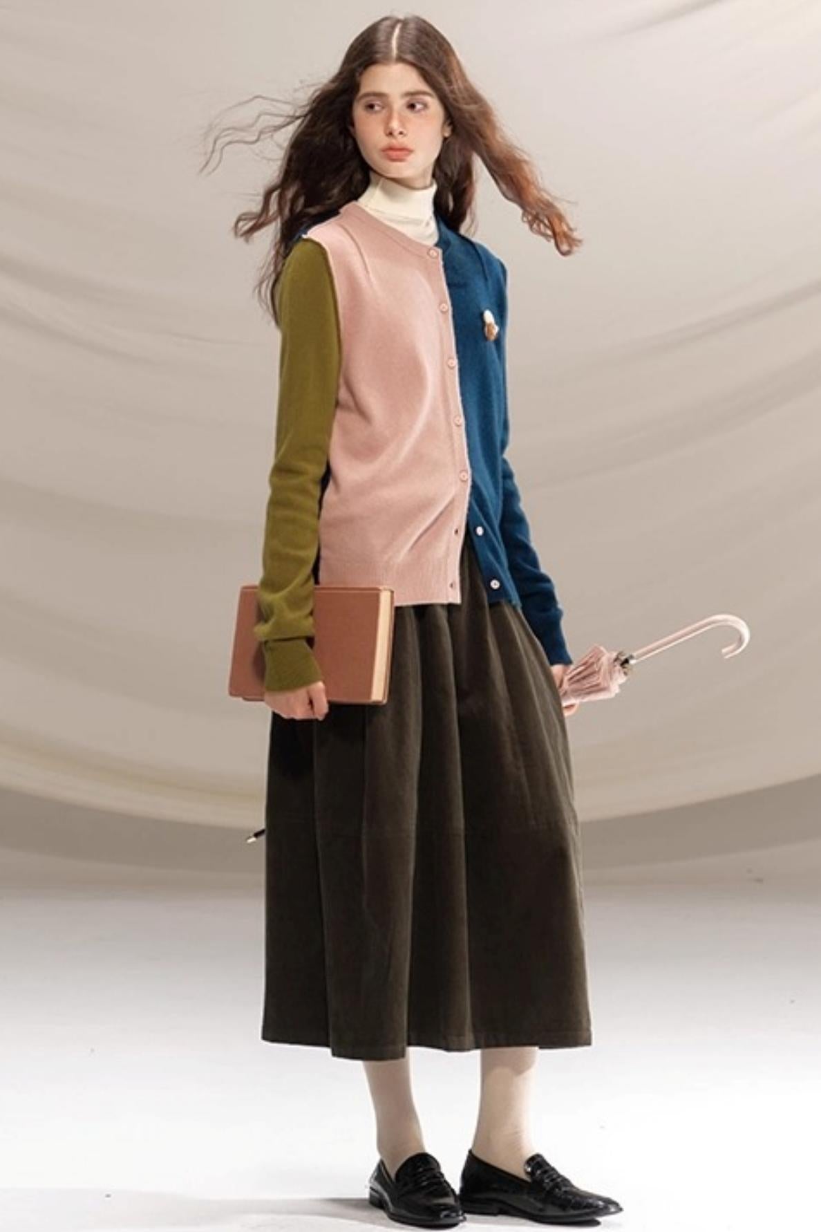 Retro Olive Pleated Skirt