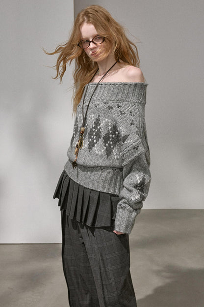Thick Knit Argyle Off-Shoulder Top