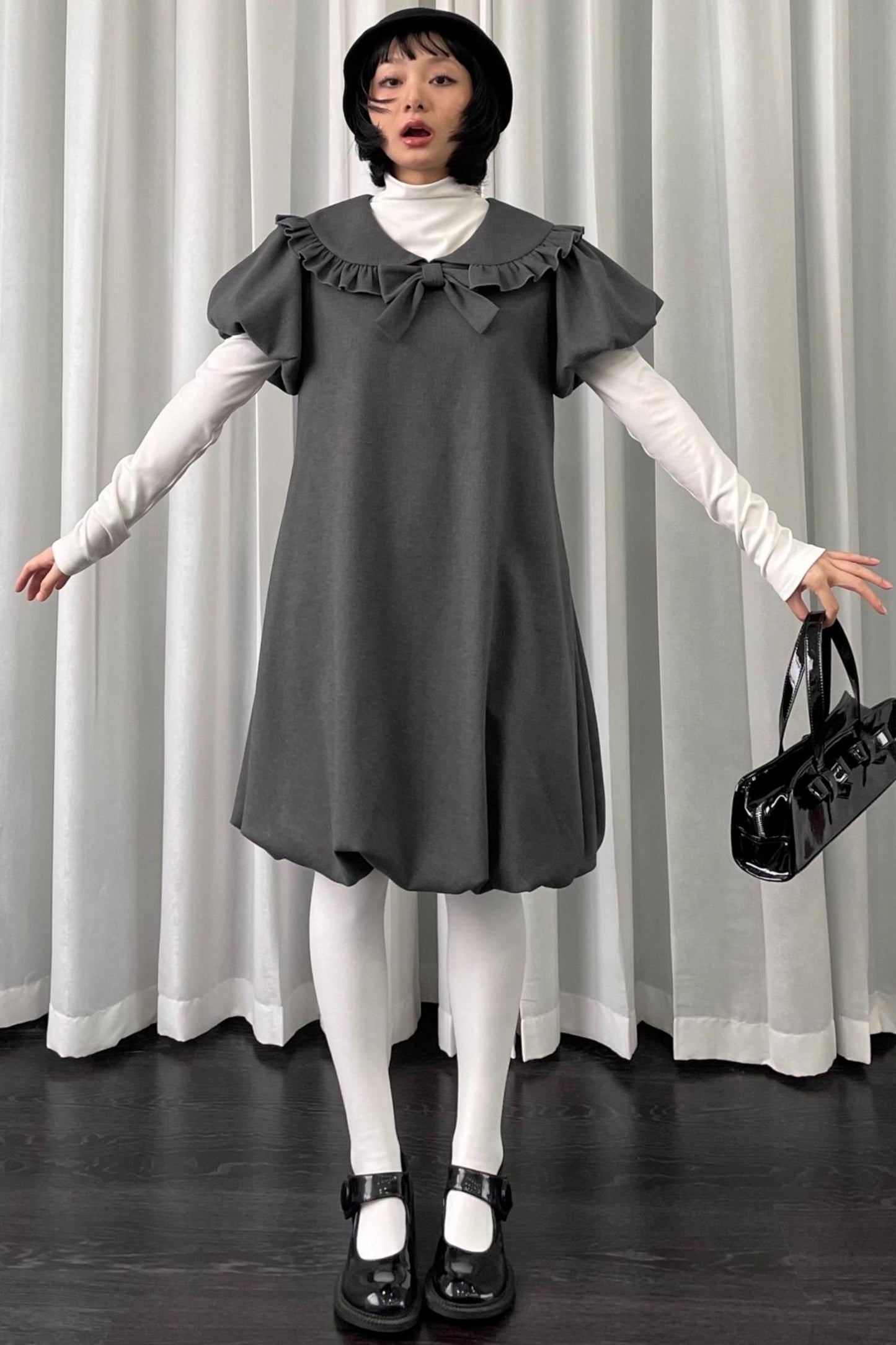 Gray Tweed Bow Lace Puff Sleeve Dress