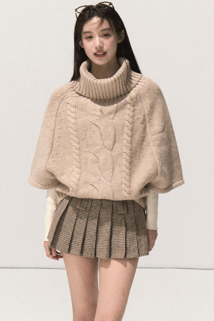 Moon Wool Twist Knit Cape Sweater Set-Up