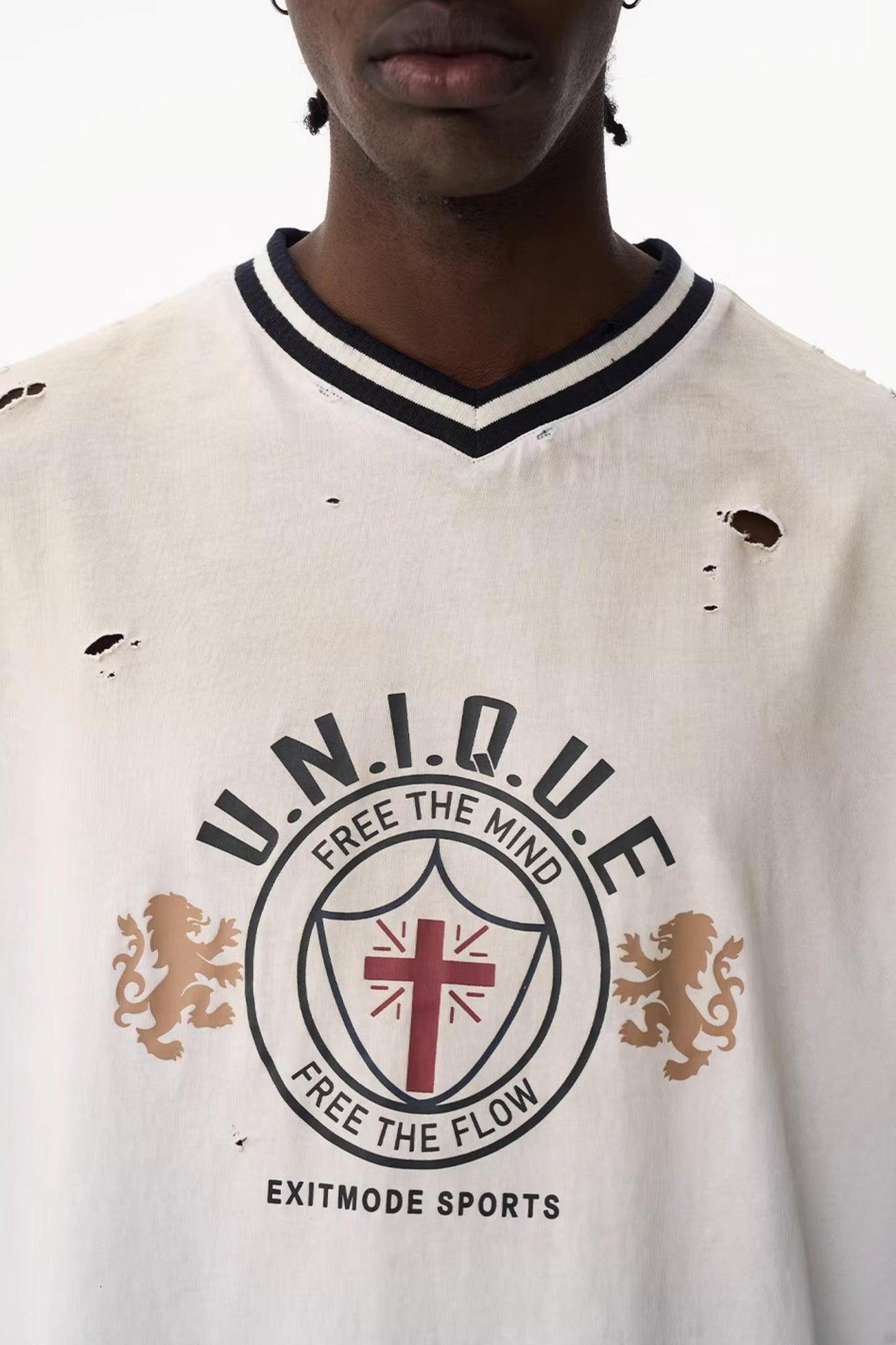 Two-Color Distressed V-Neck Top