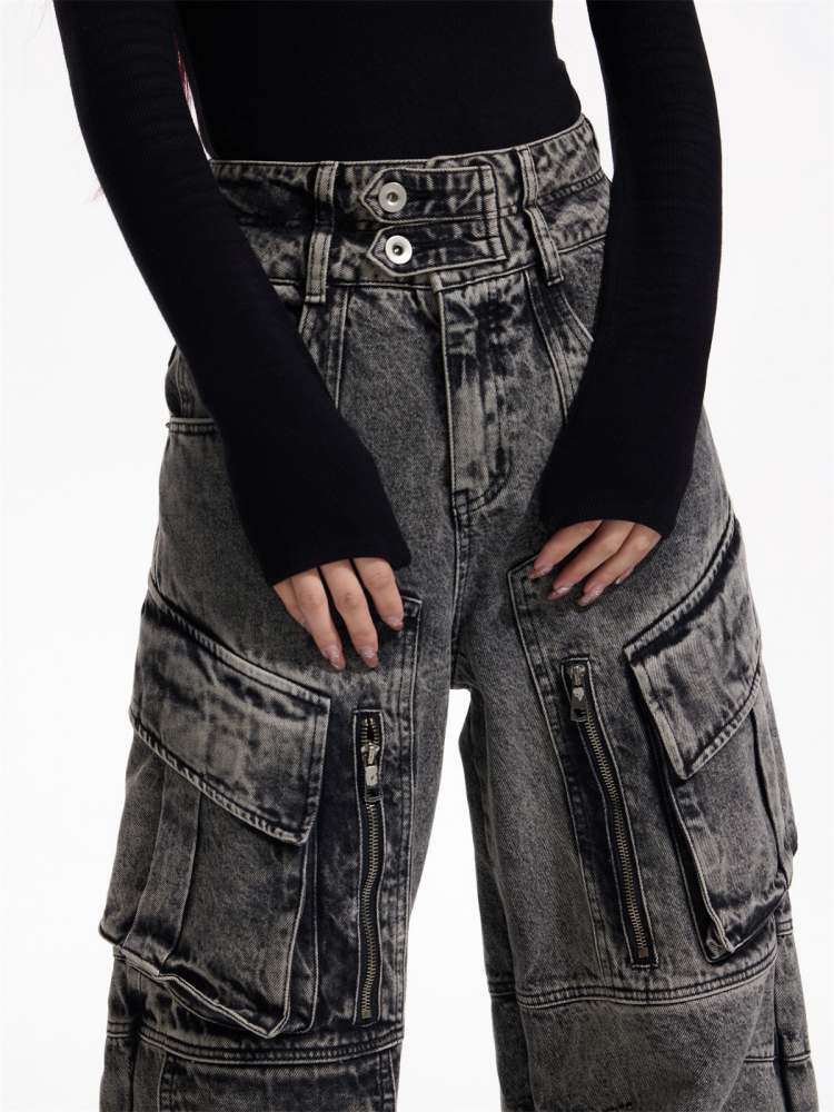 Multi Pocket Retro Wide Leg Denim Pants