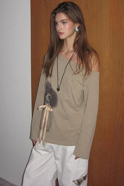 Khaki Bow knot Off-Shoulder T-Shirt