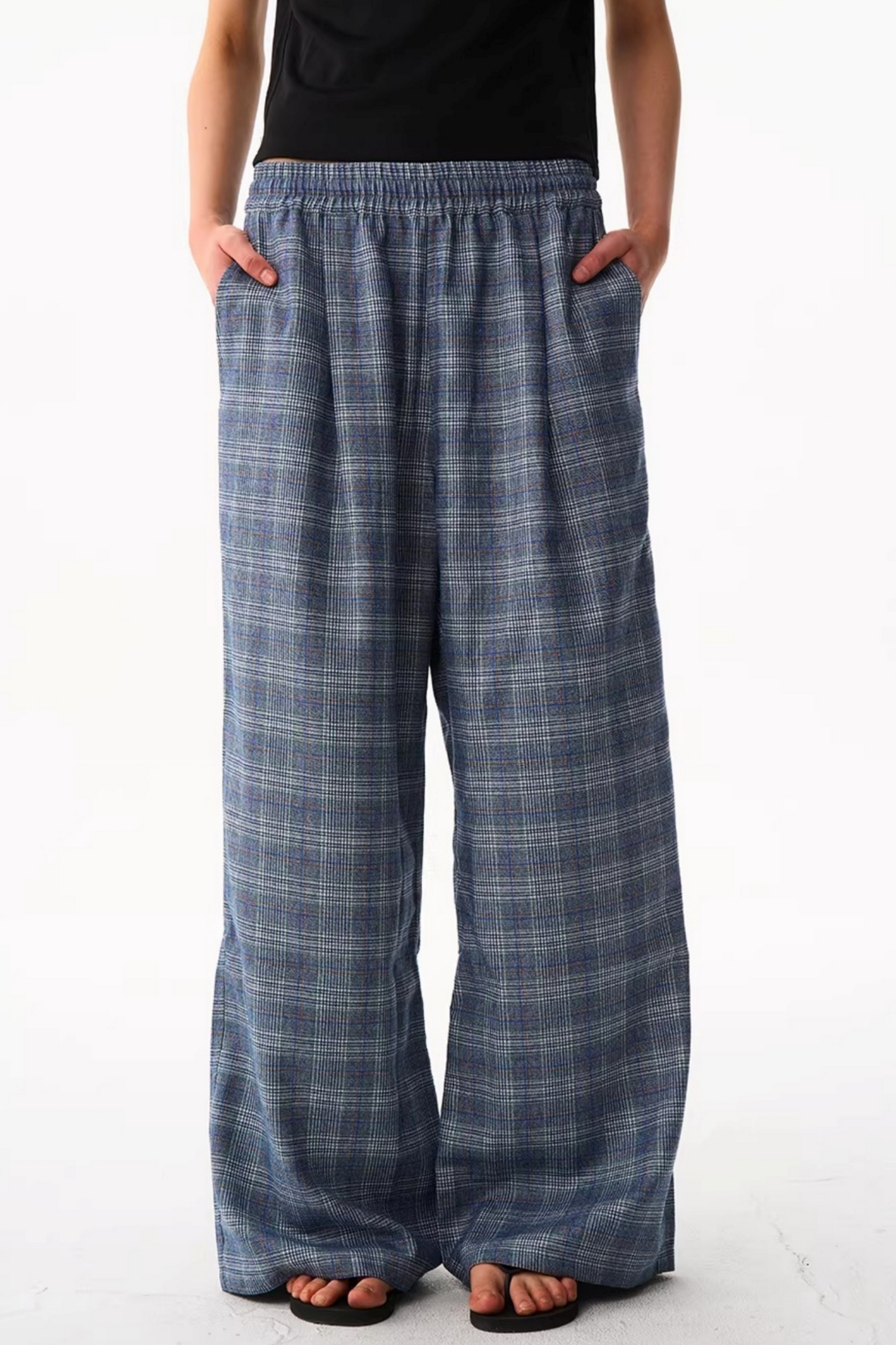 Blue Plaid Wide-Leg Pants