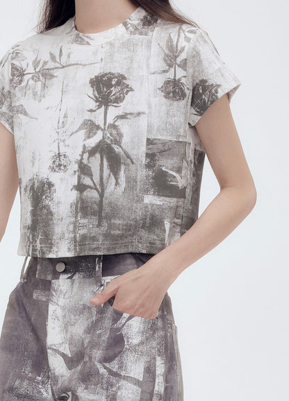 Botanical Pattern Short Round Neck T-Shirt