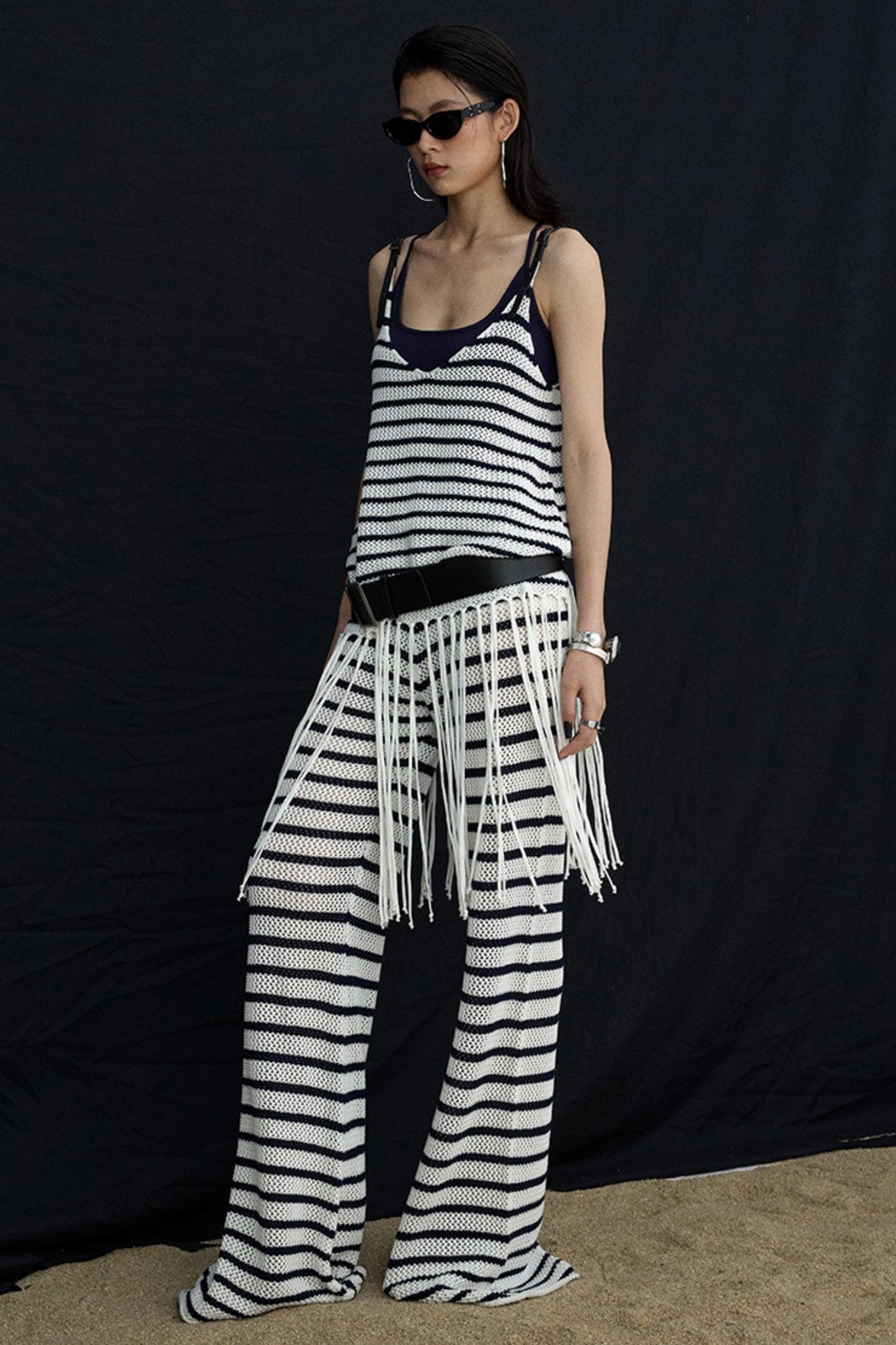 Summer Jacquard V-Neck Leather Hem Vest