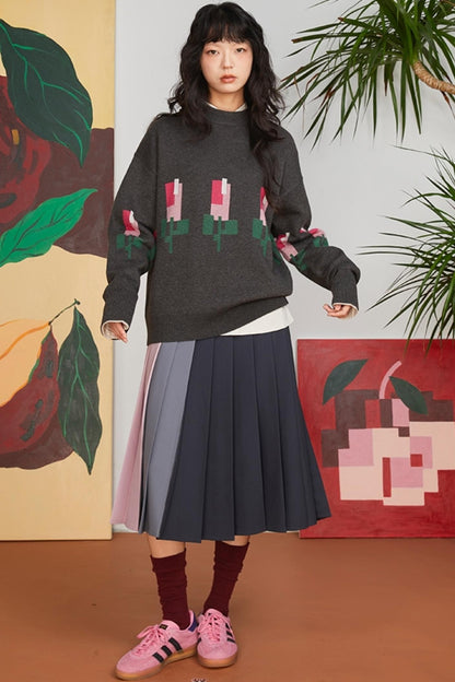 Jacquard Tulip Wool Knit Pullover