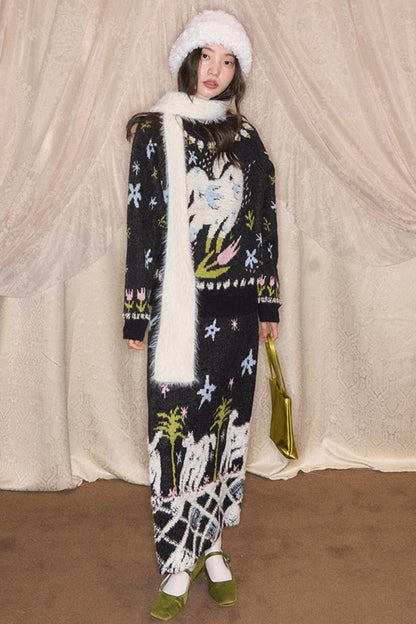 Animal Jacquard Wool Top & Skirt Set-Up