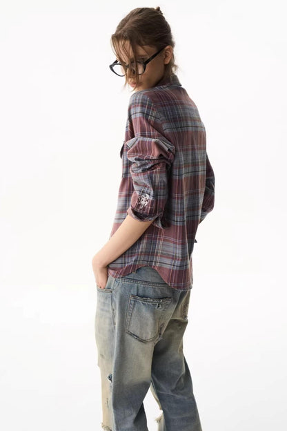 Exitmode Short Plaid Embroidered Shirt