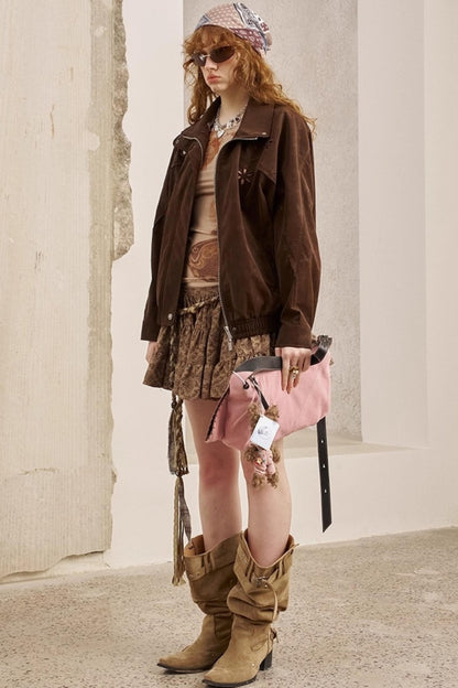 Embroidered Stand Leather Jacket