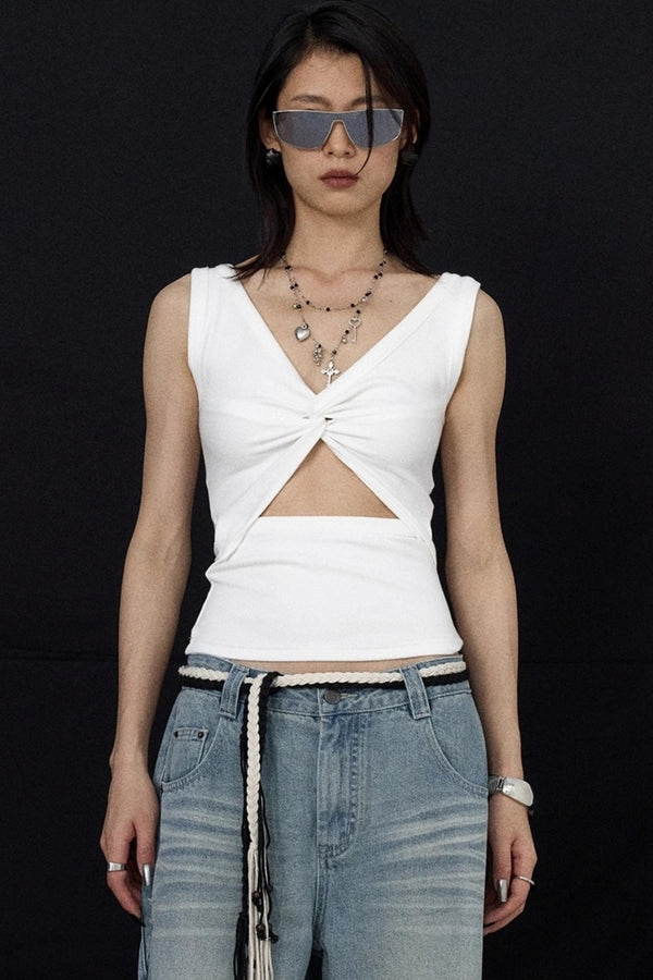 Black And White V-Neck Twisted Cut-Out Slim Vest