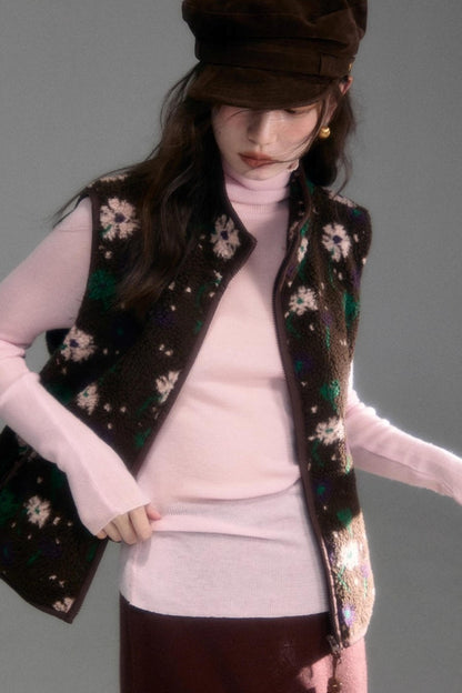 Floral Faux Lamb Wool Vest Jacket Set-Up