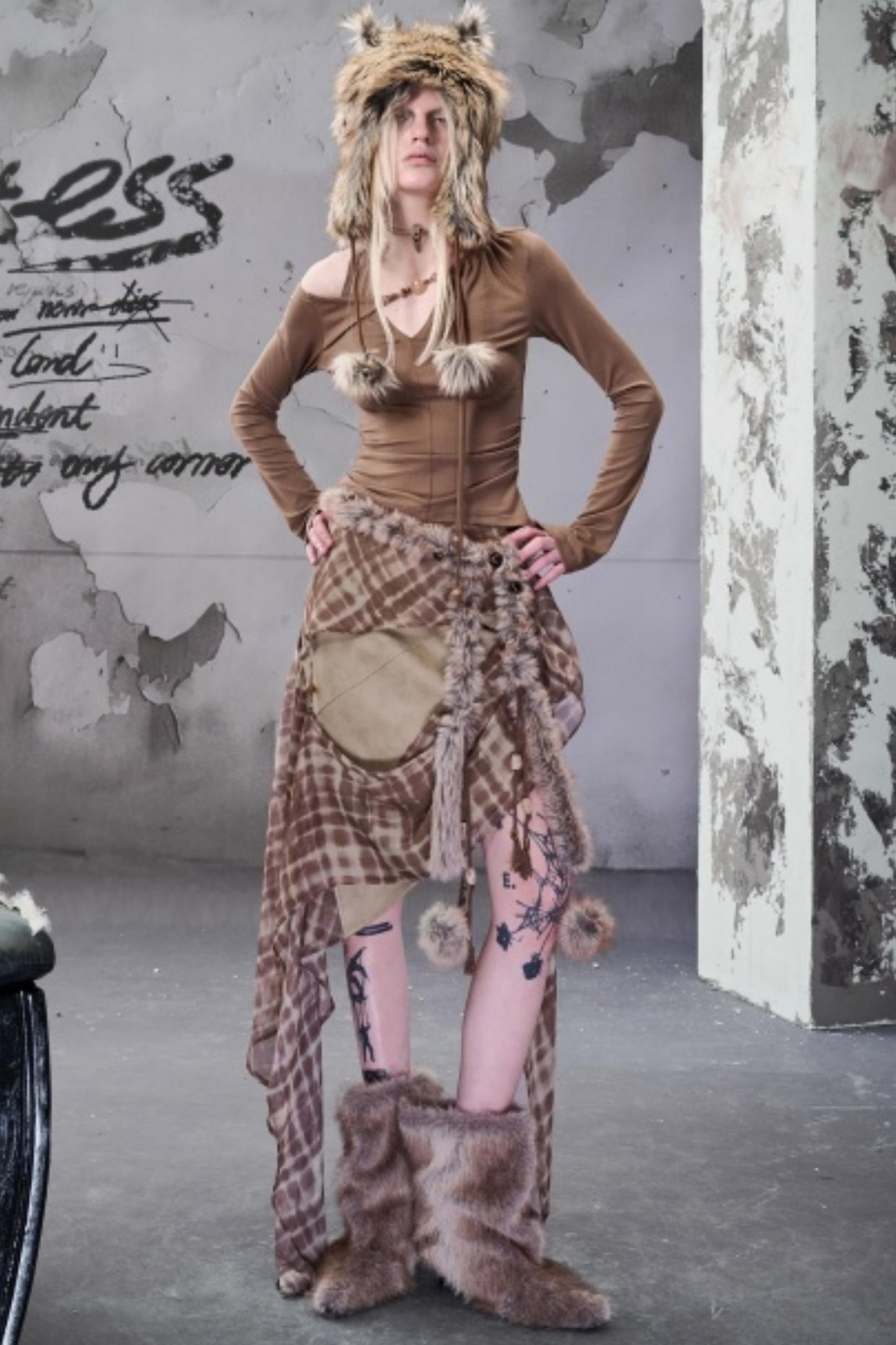 Chiffon Panel Ruffled Irregular Leather Skirt