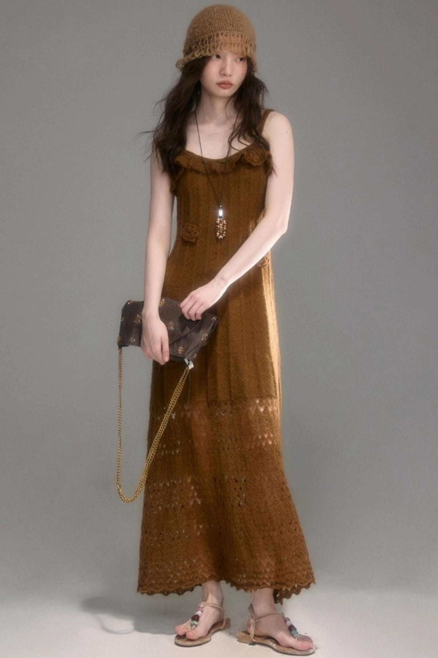 Crochet Knit Camisole Dress Cardigan Set-Up