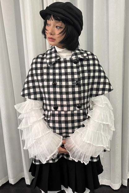 Black Plaid Lapel Woolen Coat