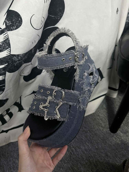 Y2K Punk Star Denim Eyelet Belt Super Thick Sole Sandals