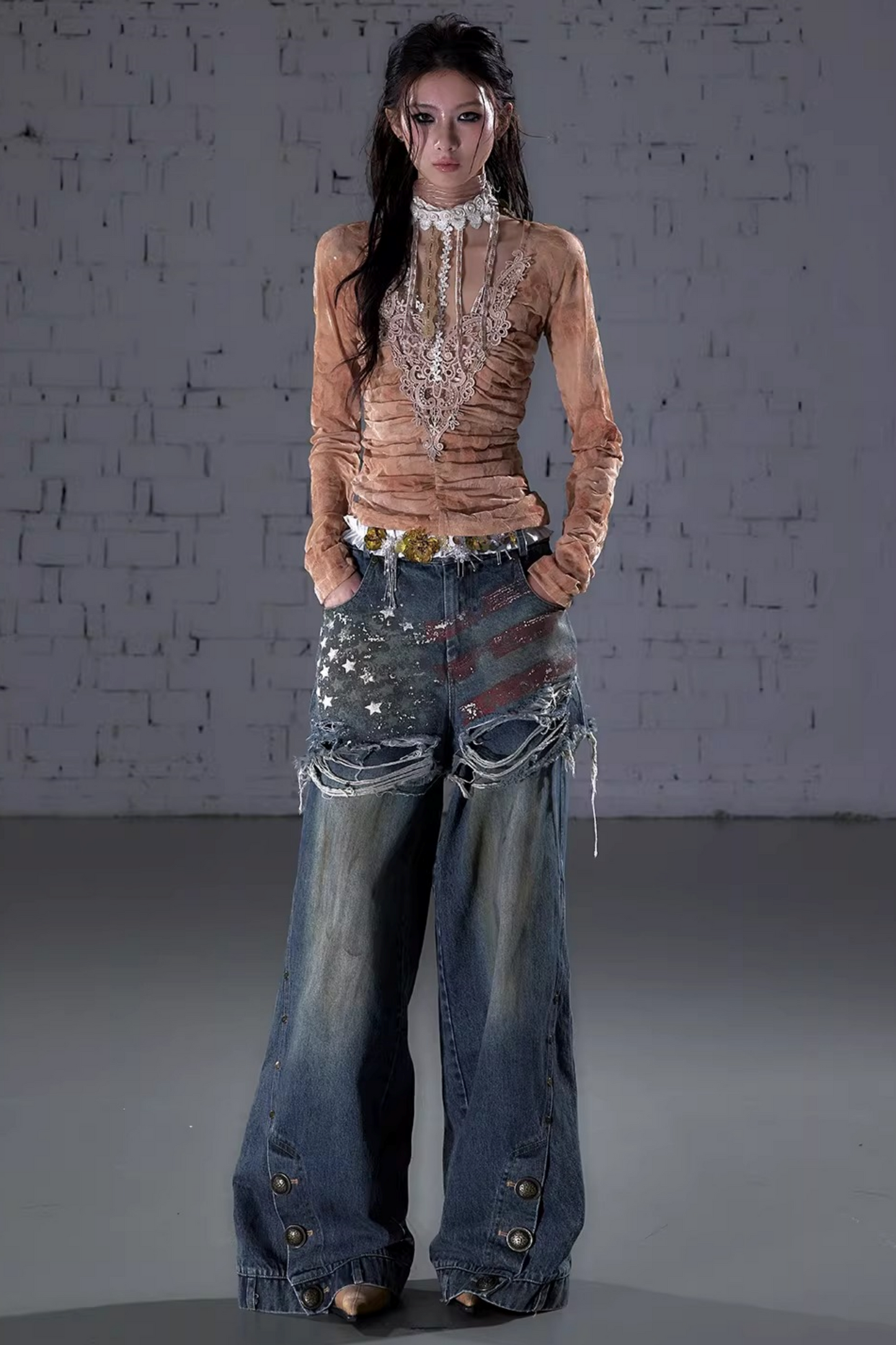 Retro Print Denim Pants