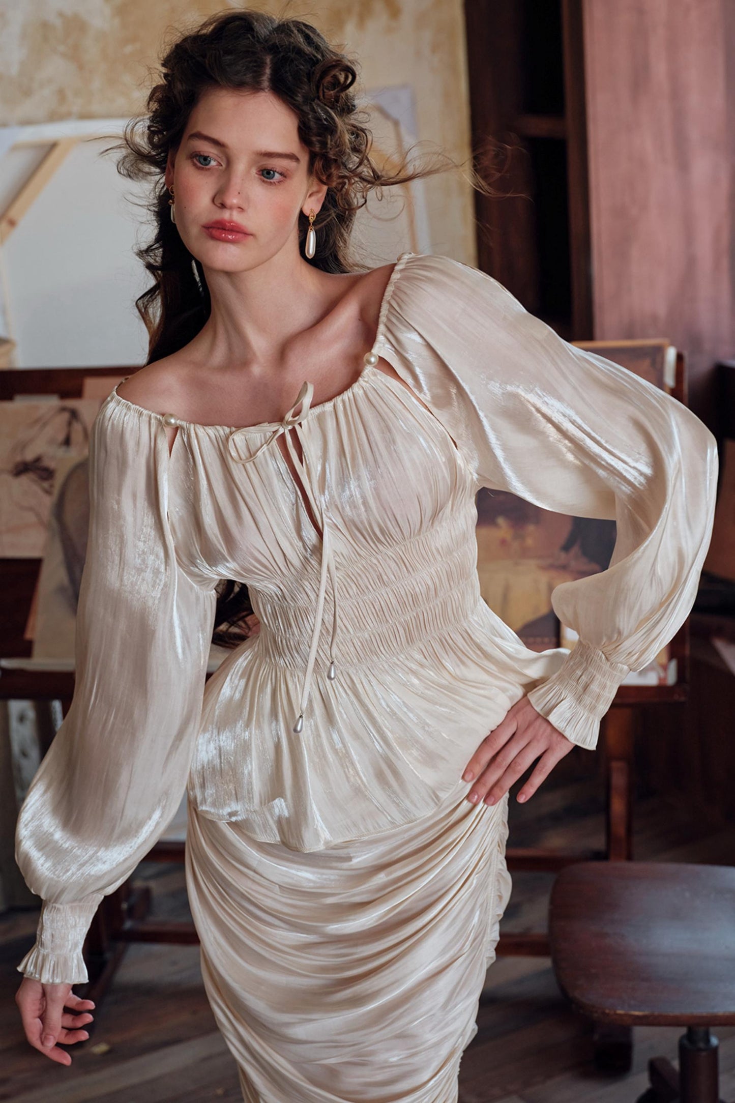 Satin Slim Fit Vintage Skirt Shirt Set-Up