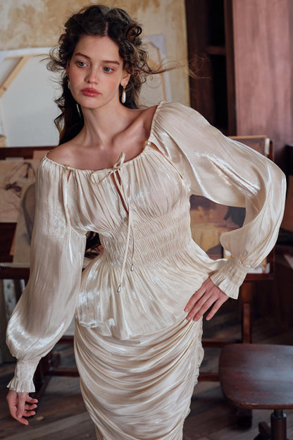 Satin Slim Fit Vintage Skirt Shirt Set-Up