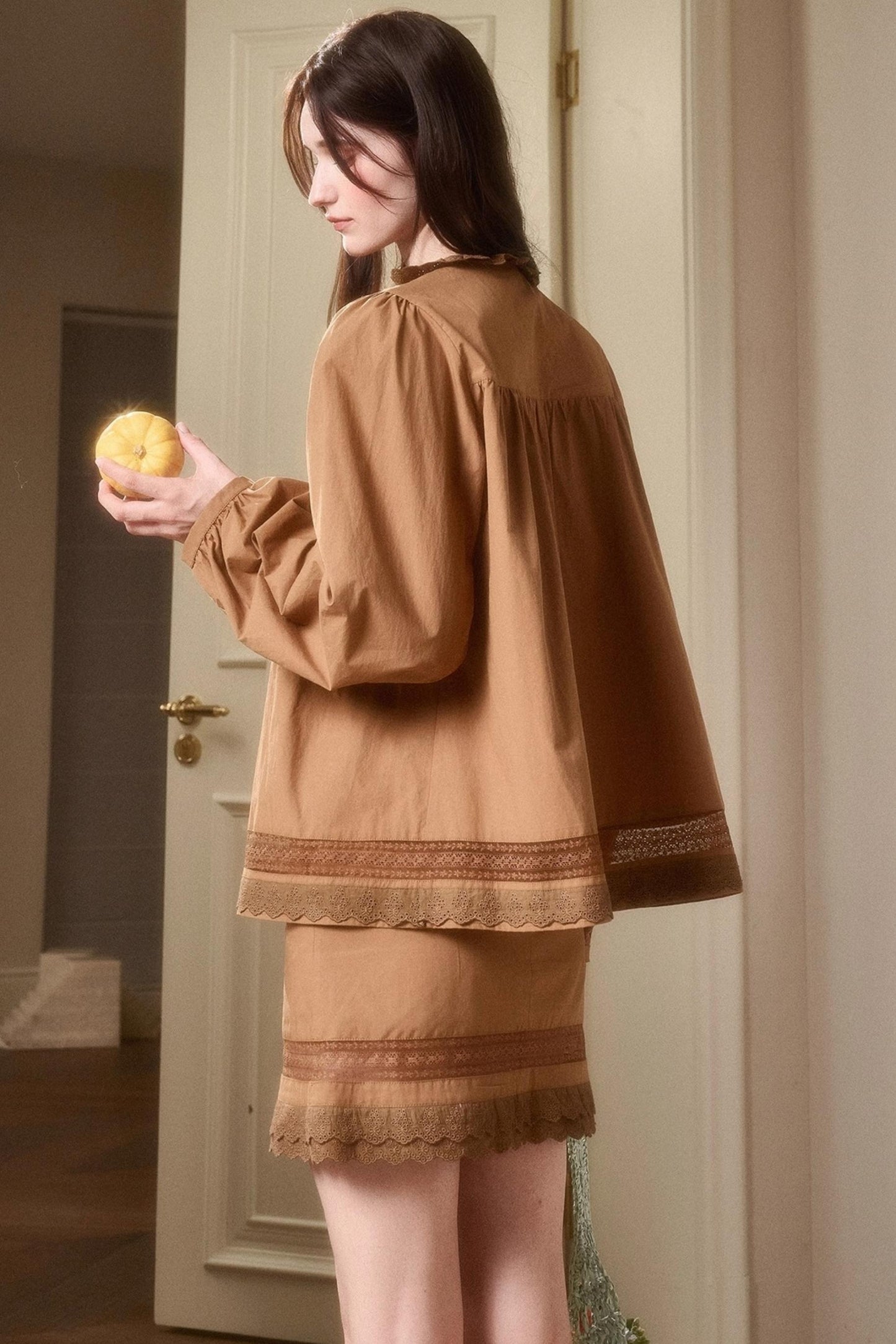 Cotton Lace Shirt With Skirt Set-Up