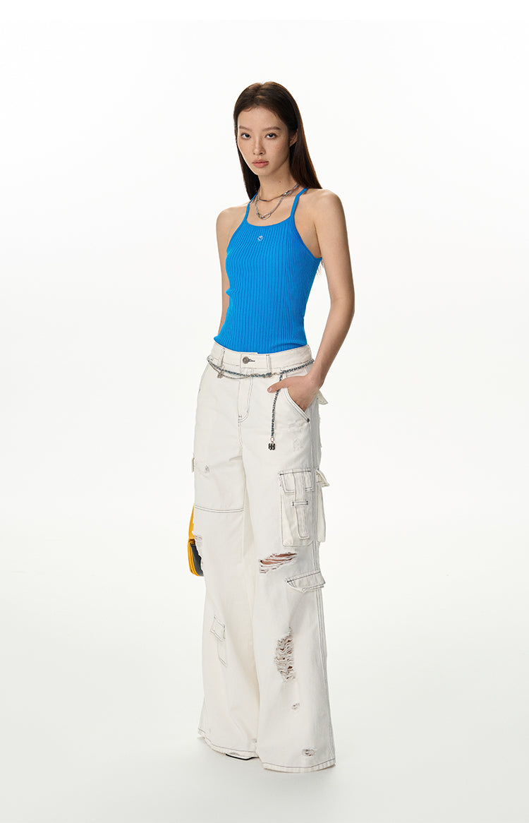 White Work Design Wide Denim Pants