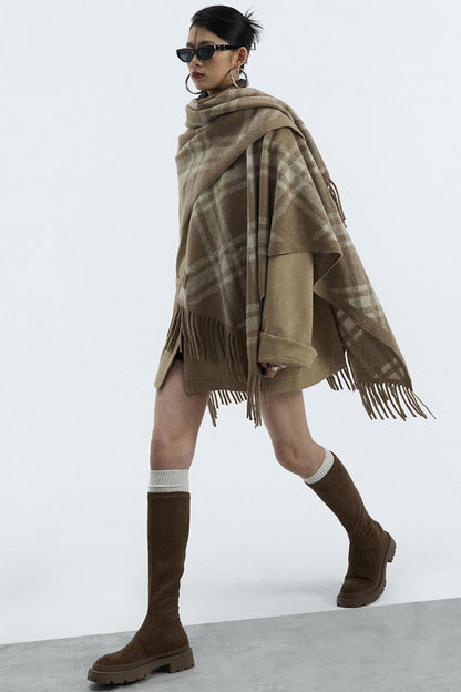 Wool Blend Plaid Cape Cardigan