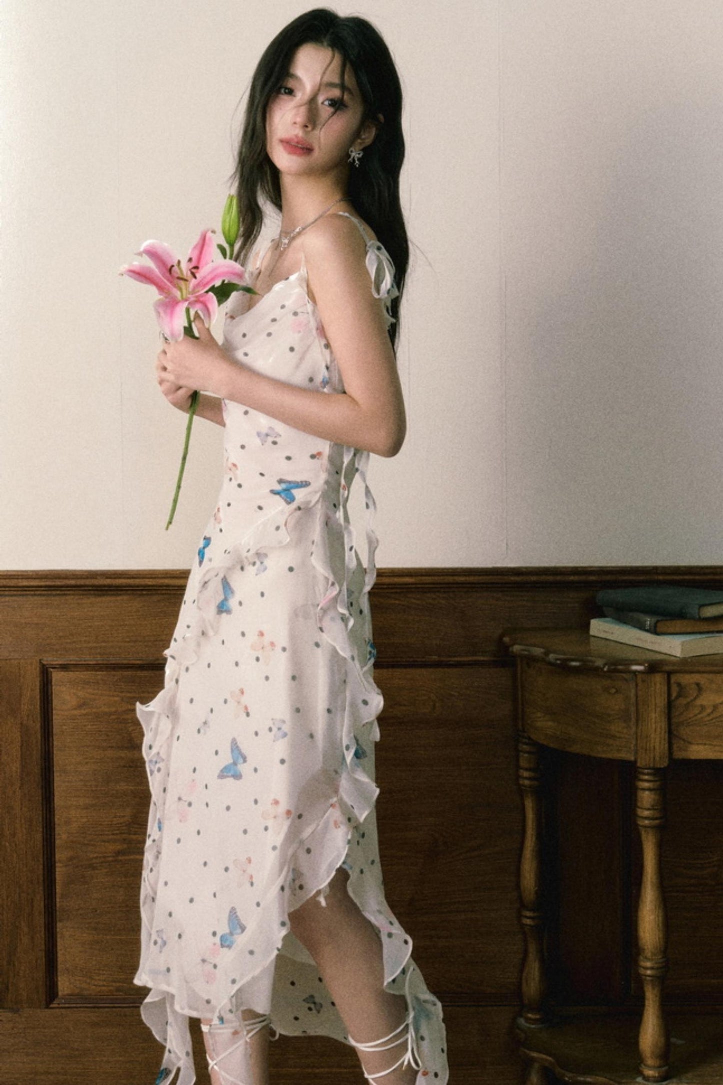 Butterfly Floral Halter Chiffon Maxi Dress