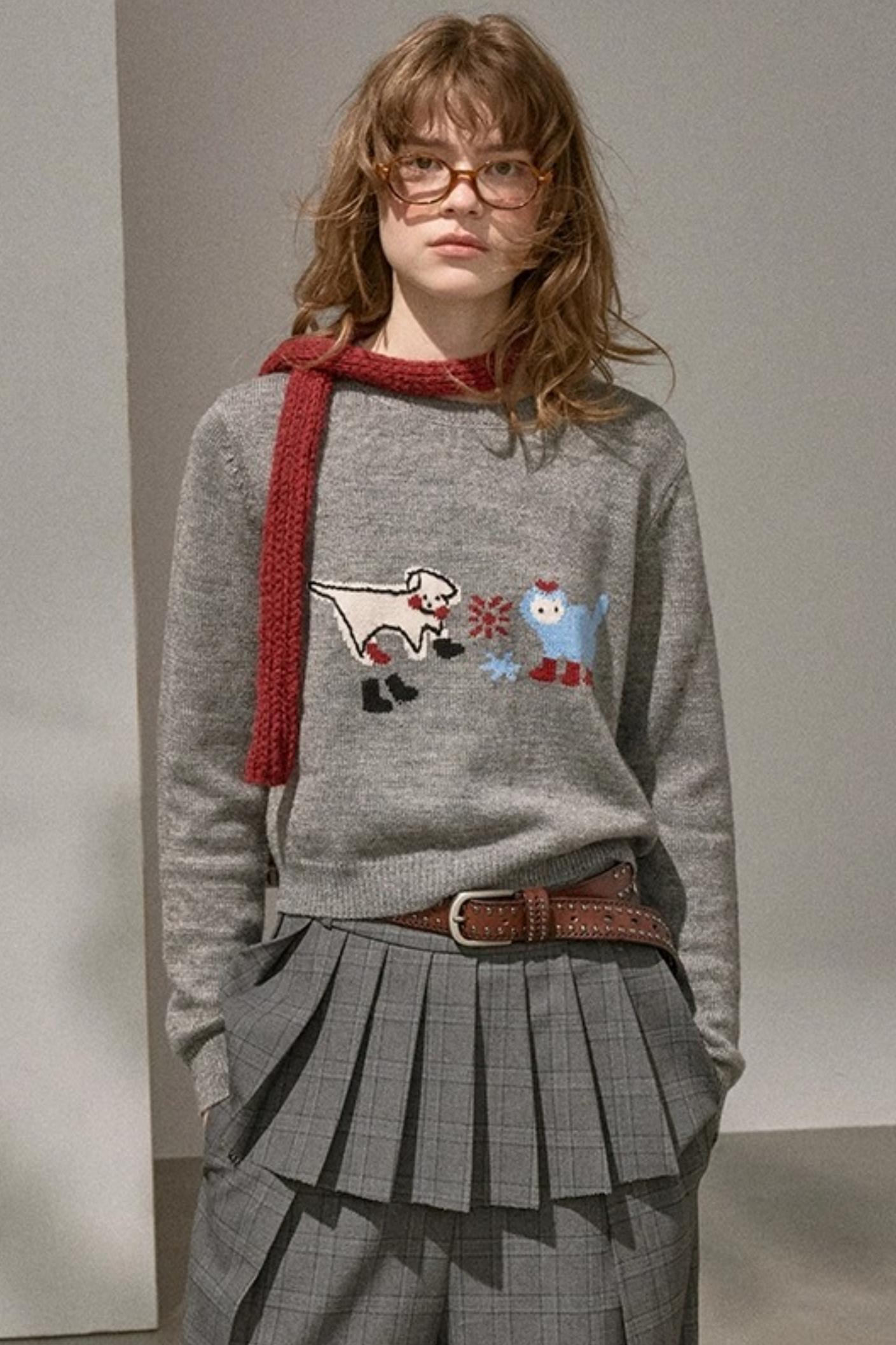 Kitten And Puppy Embroidered Wool Blend Knit Sweater
