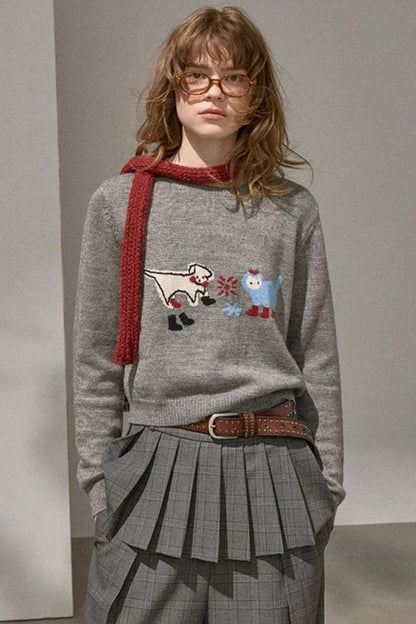 Kitten And Puppy Embroidered Wool Blend Knit Sweater