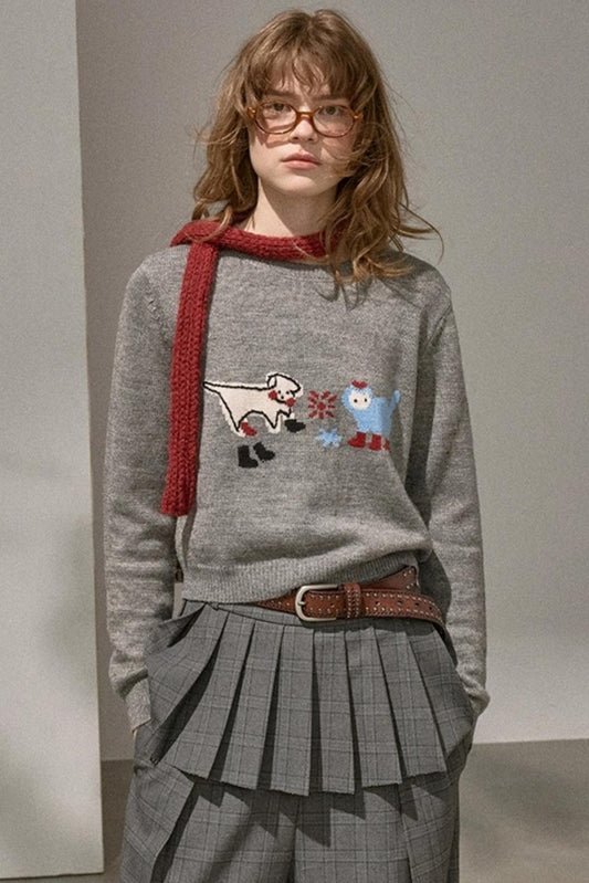 Kitten And Puppy Embroidered Wool Blend Knit Sweater
