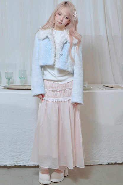 Lace Pleated Panel Pink Long Skirt