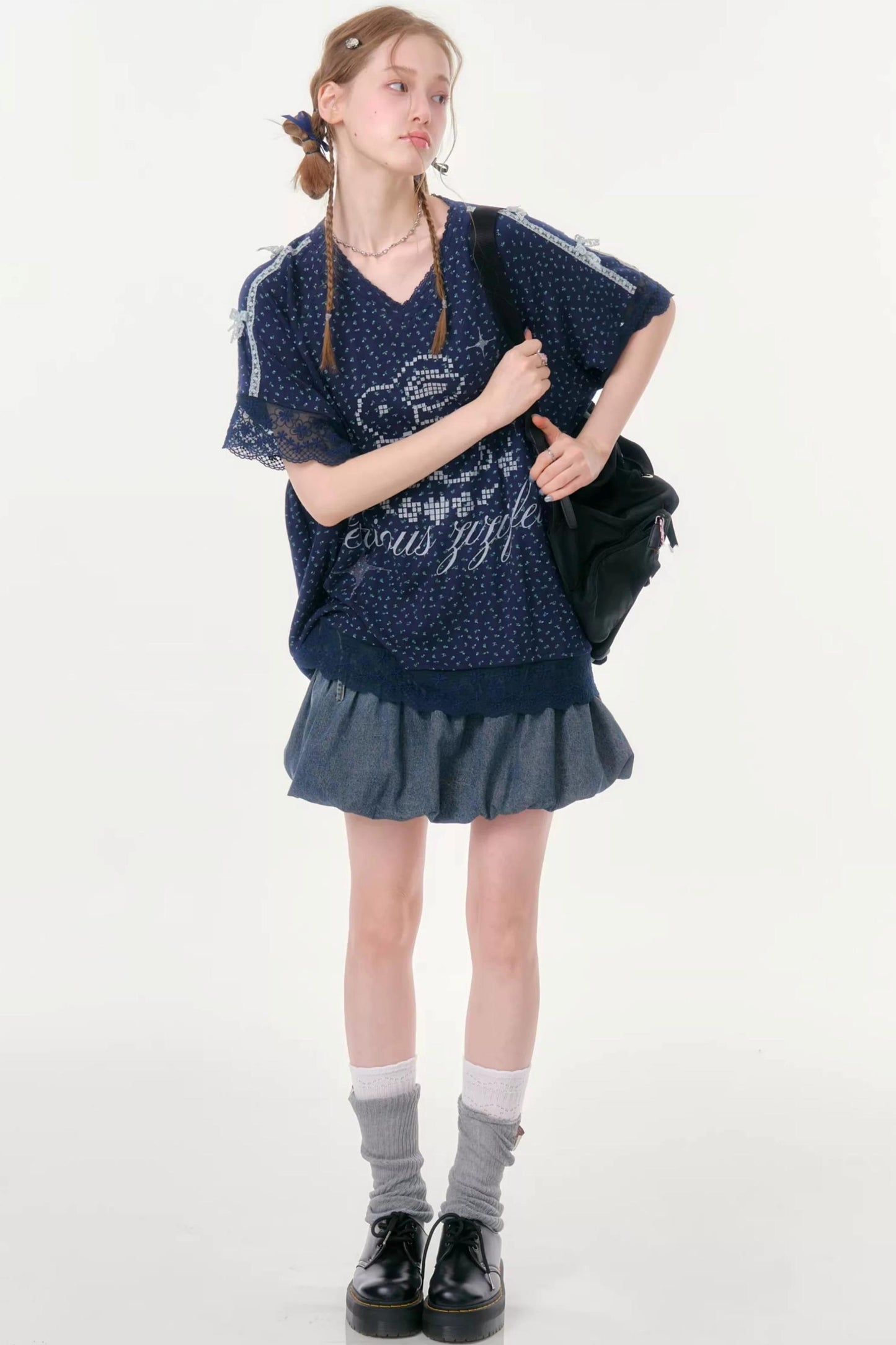 Dark Blue Floral Lace V-Neck T-Shirt
