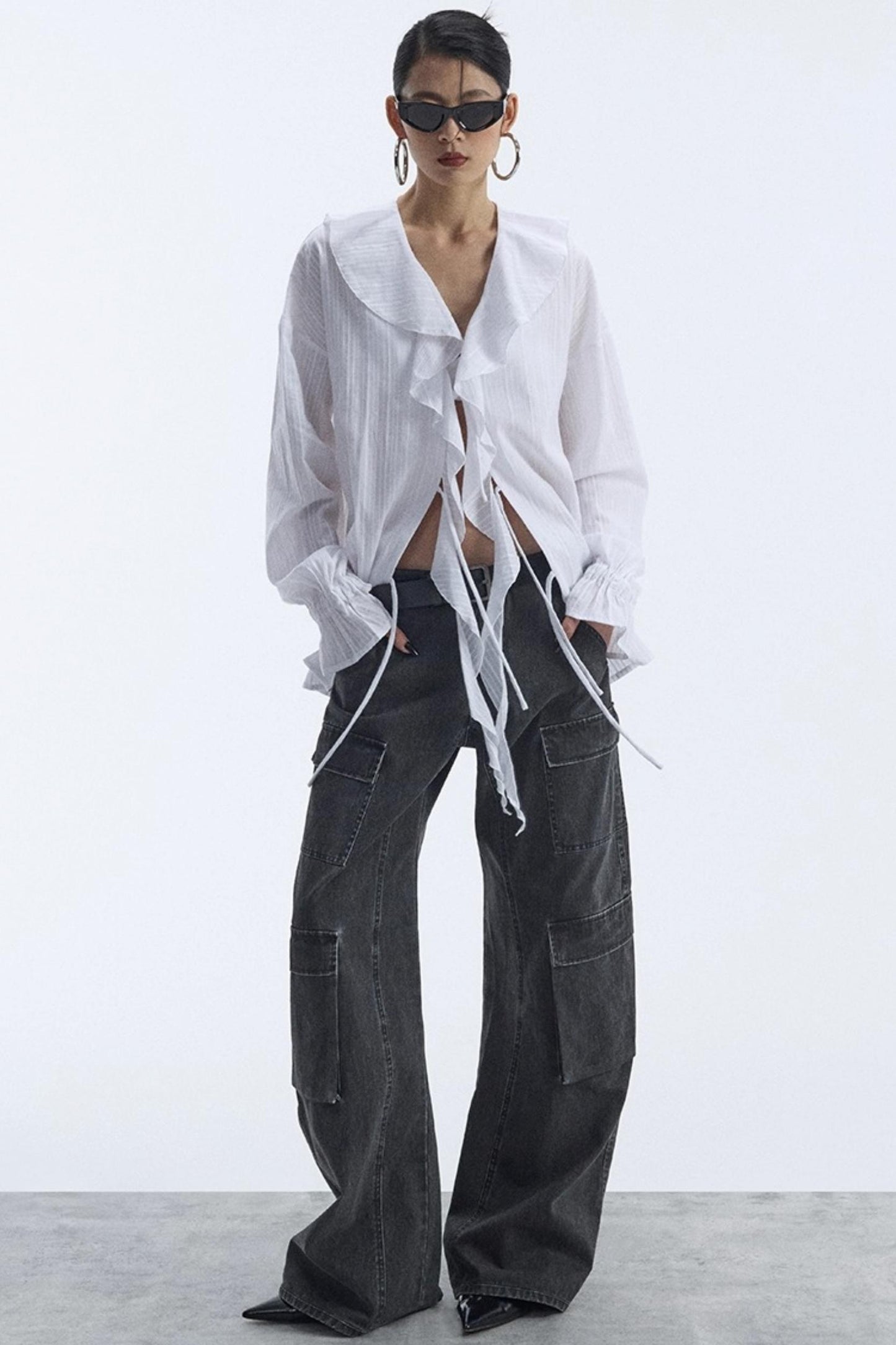 Winter White Ruffled V-Neck Shirt